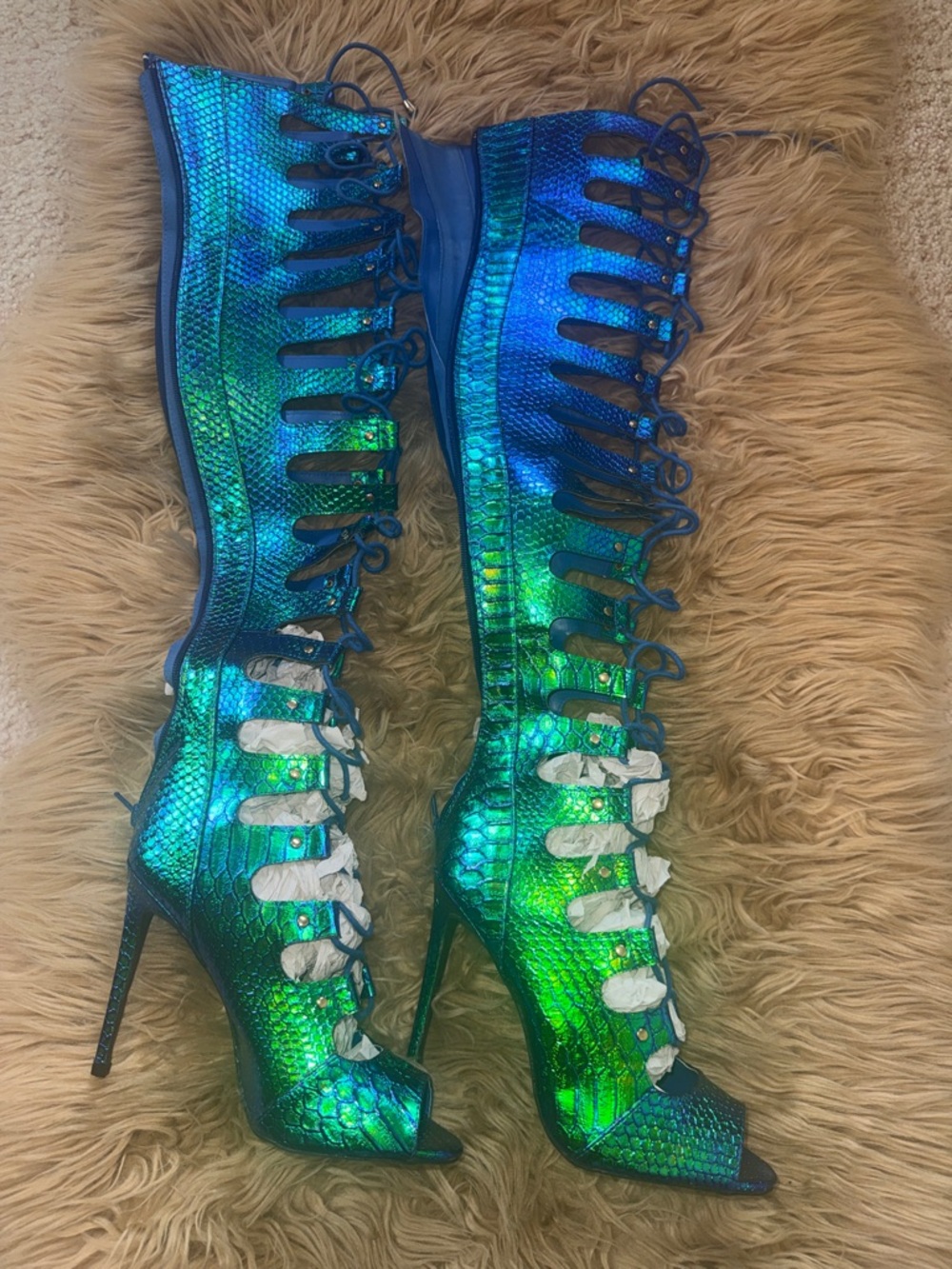 Amy club wear house Blue-Green Lace-Up Gladiator High Heels